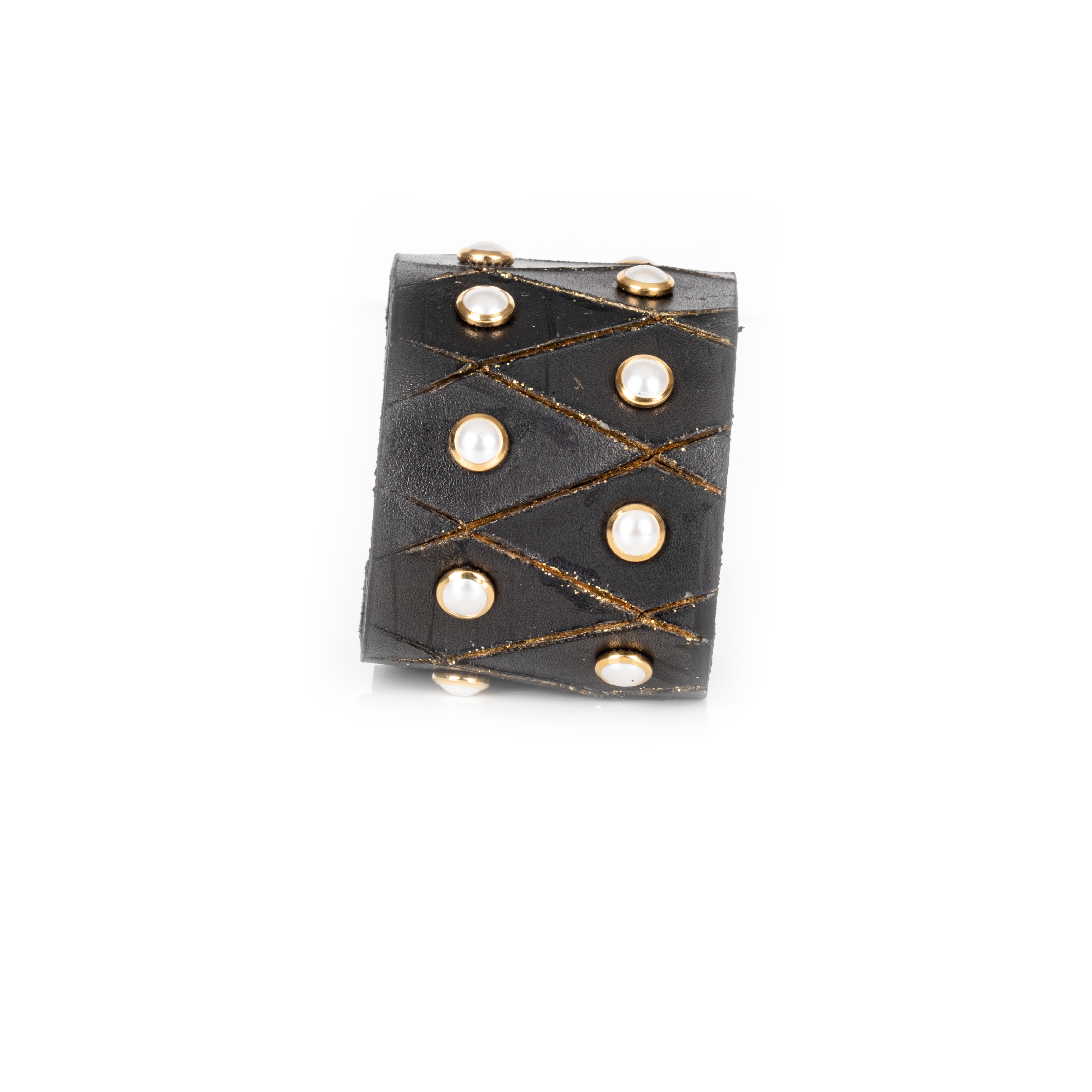 Black leather cuff bracelet with geometric stitched pattern and gold-tone studs featuring pearl accents, wide statement women’s bracelet 