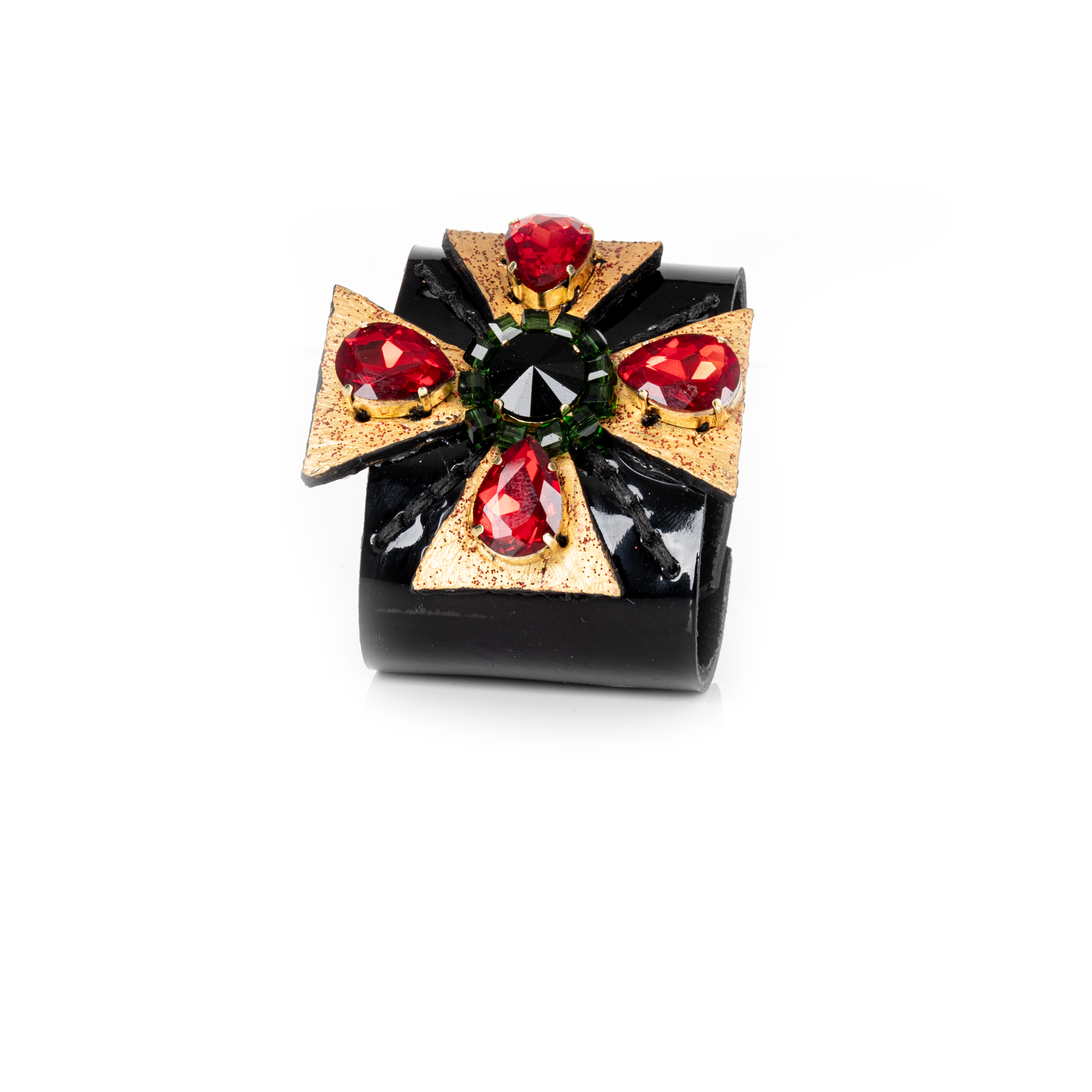 Black leather cuff bracelet with red teardrop crystals and central black stone, gold geometric star design statement bracelet for women