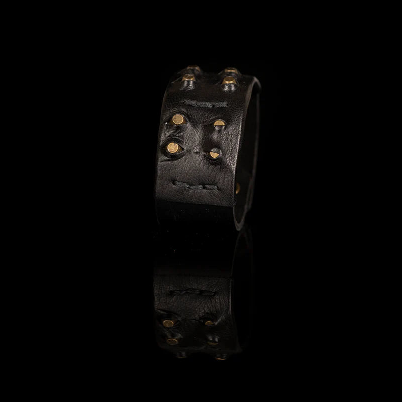 Men's Black Leather Cuff Bracelet with Brass Studs Handmade Rugged Statement Wristband