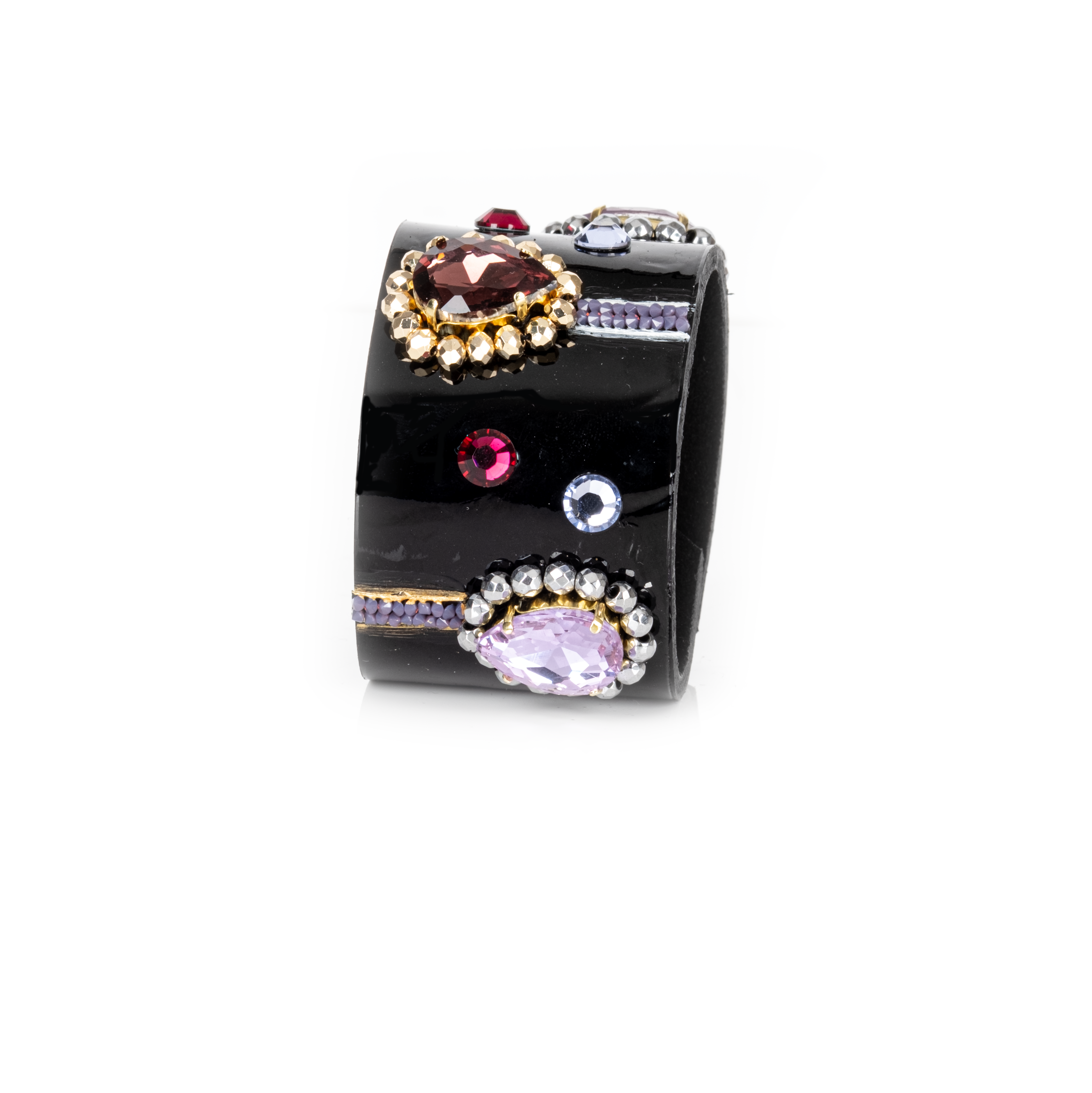 Black leather cuff bracelet with multicolor crystals and oval faceted stones, gold embellished wide statement bracelet for women