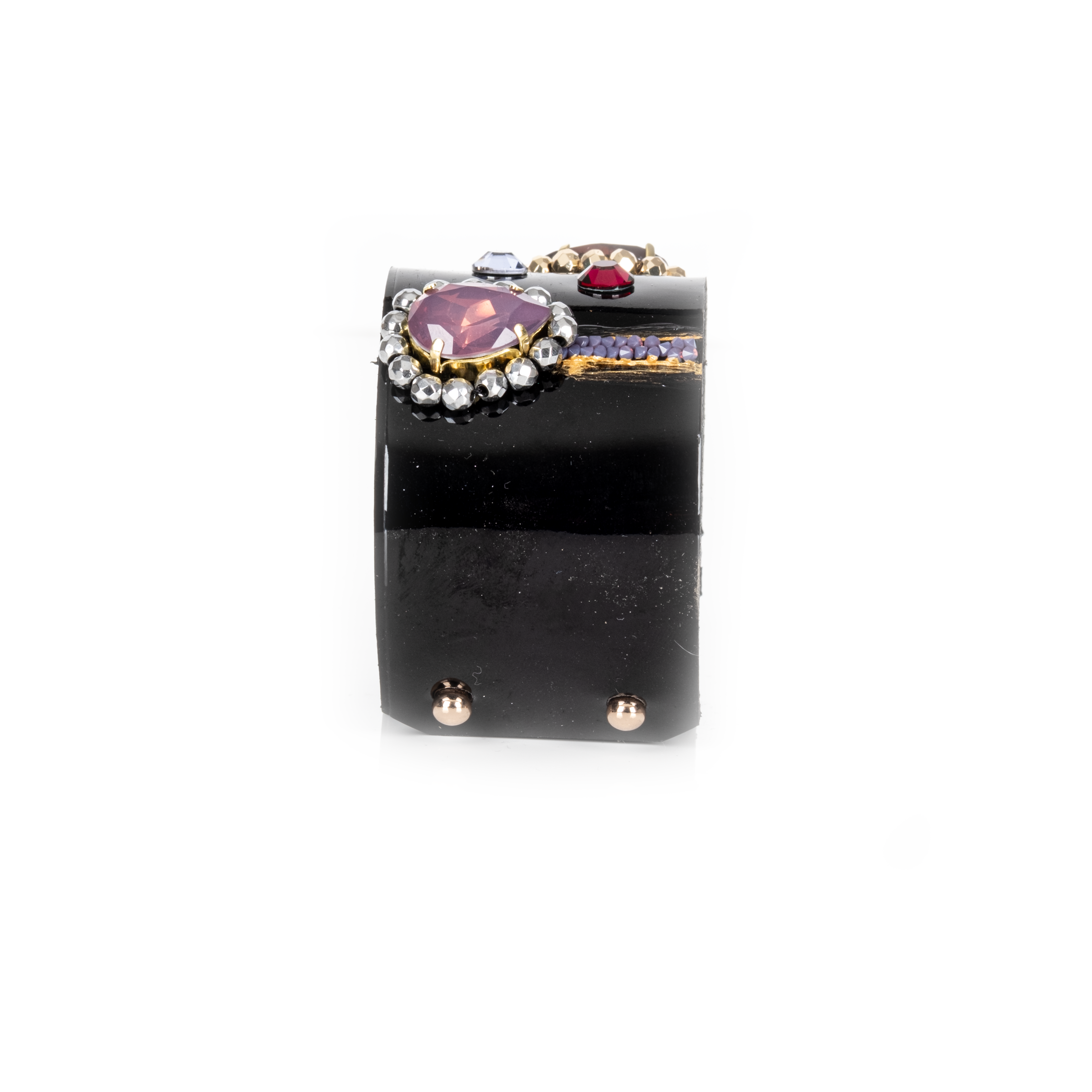 Black leather cuff bracelet with multicolor crystals and oval faceted stones, gold embellished wide statement bracelet for women
