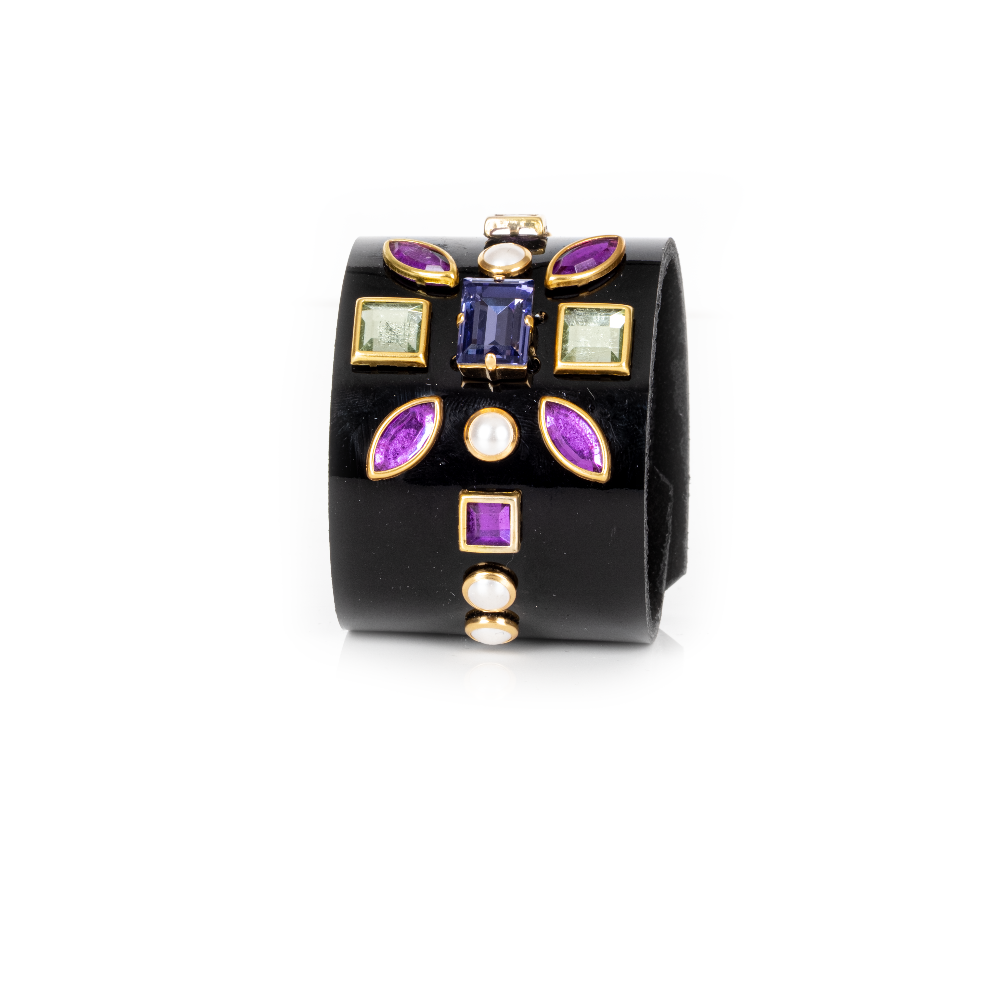 Black leather cuff bracelet with geometric multicolor crystals and gold settings, wide statement bracelet with purple and green gemstone accents for women