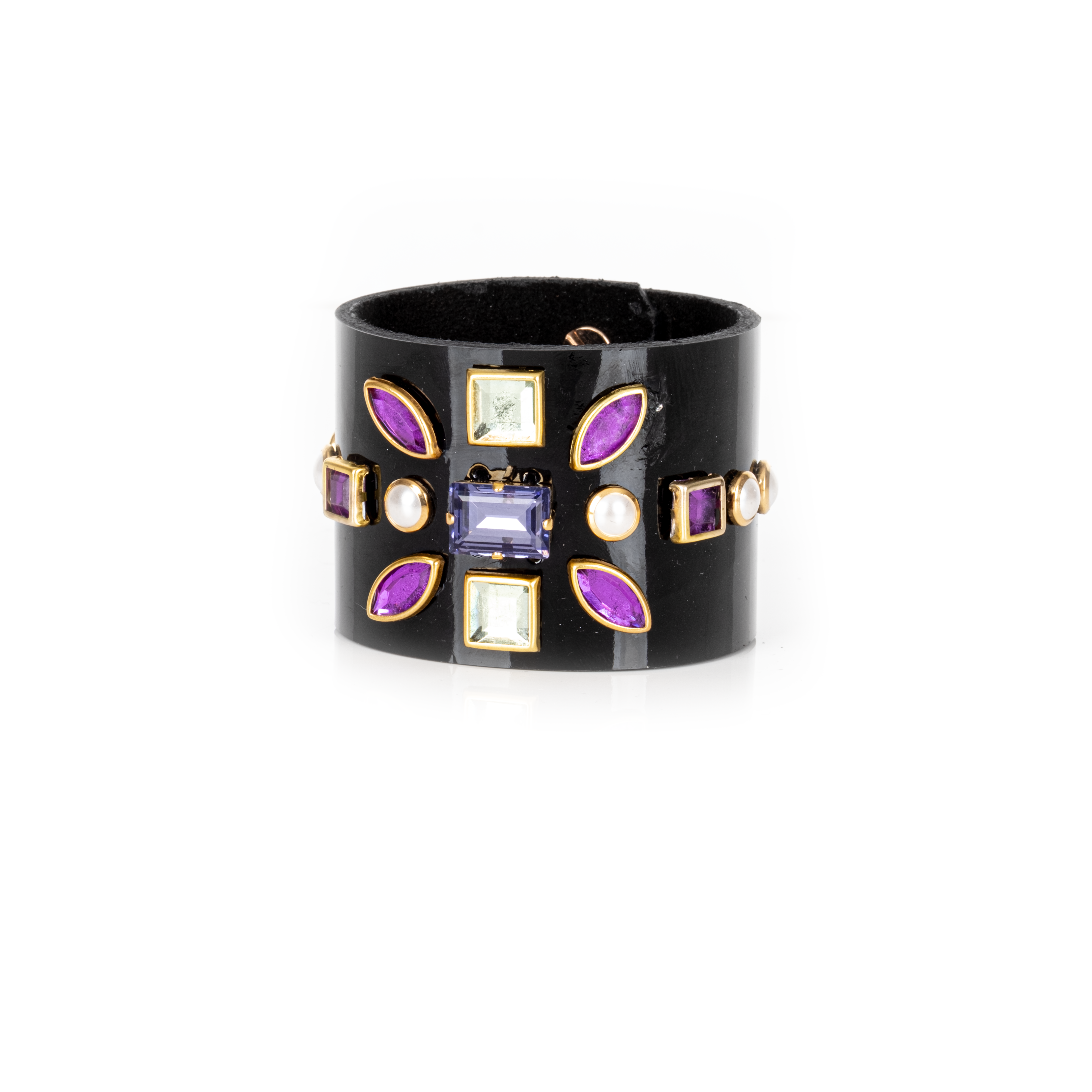 Black leather cuff bracelet with geometric multicolor crystals and gold settings, wide statement bracelet with purple and green gemstone accents for women