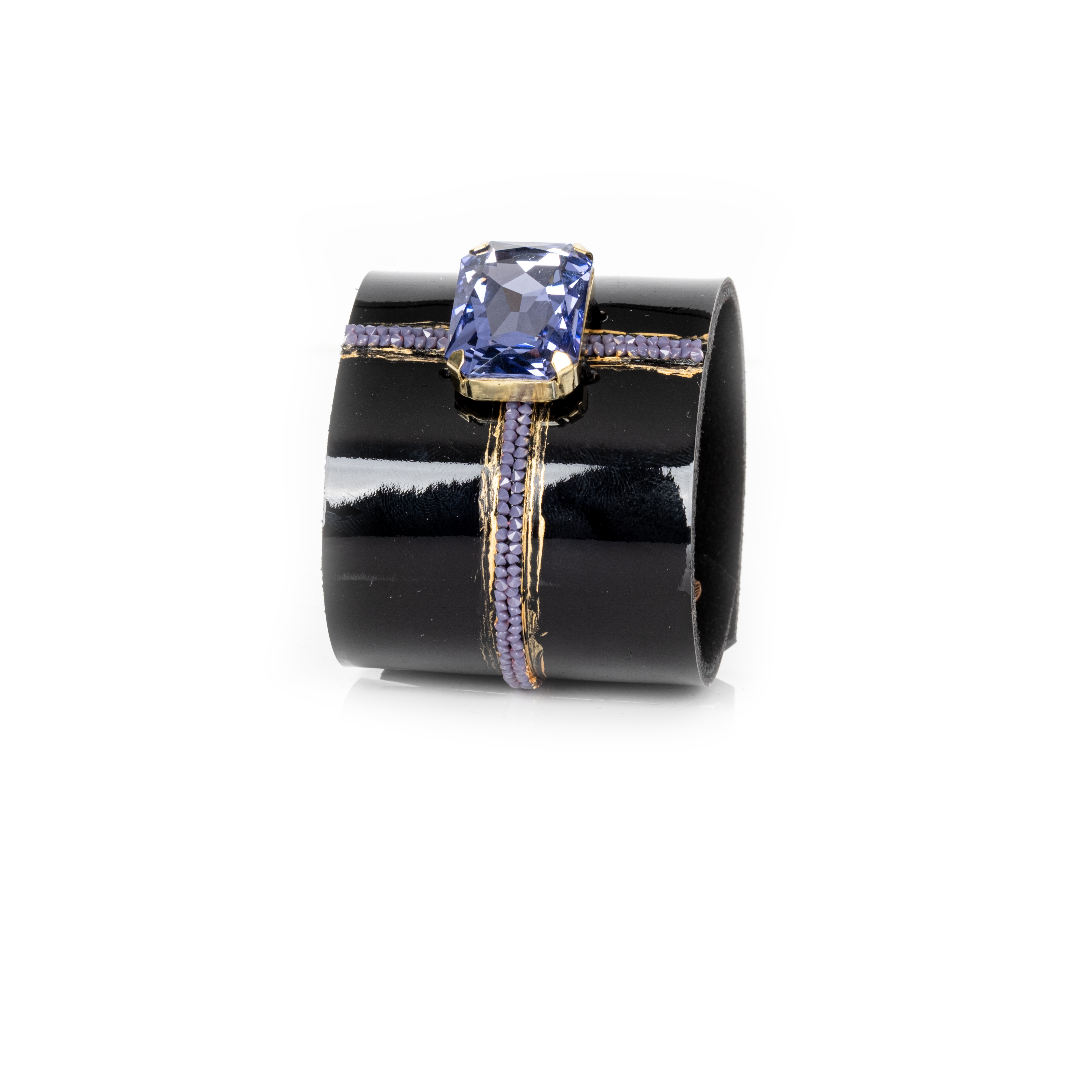 Black Leather Crystal Cuff Bracelet with Blue Stone