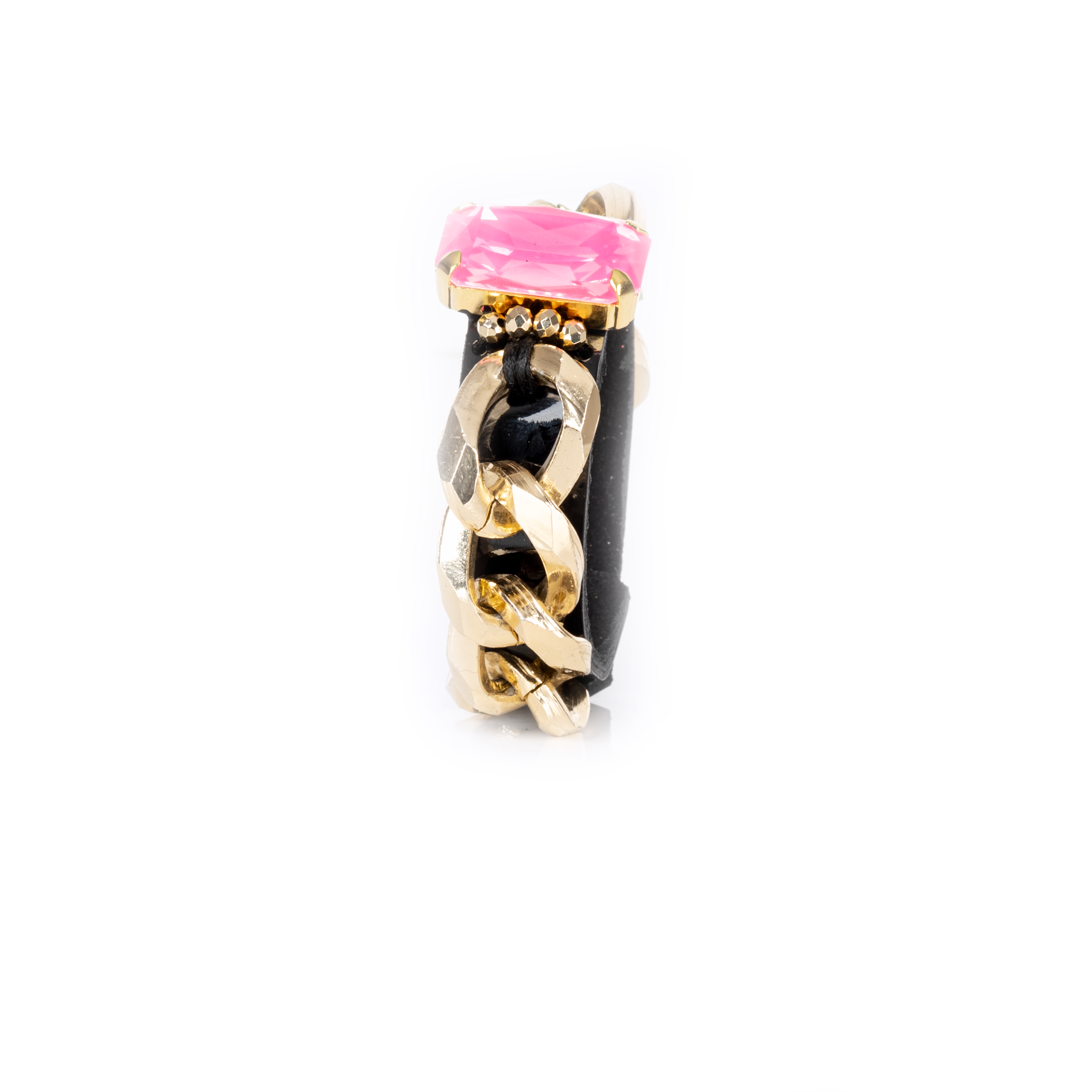 Black leather cuff bracelet with chunky gold chain and pink crystal, statement chain bracelet for women