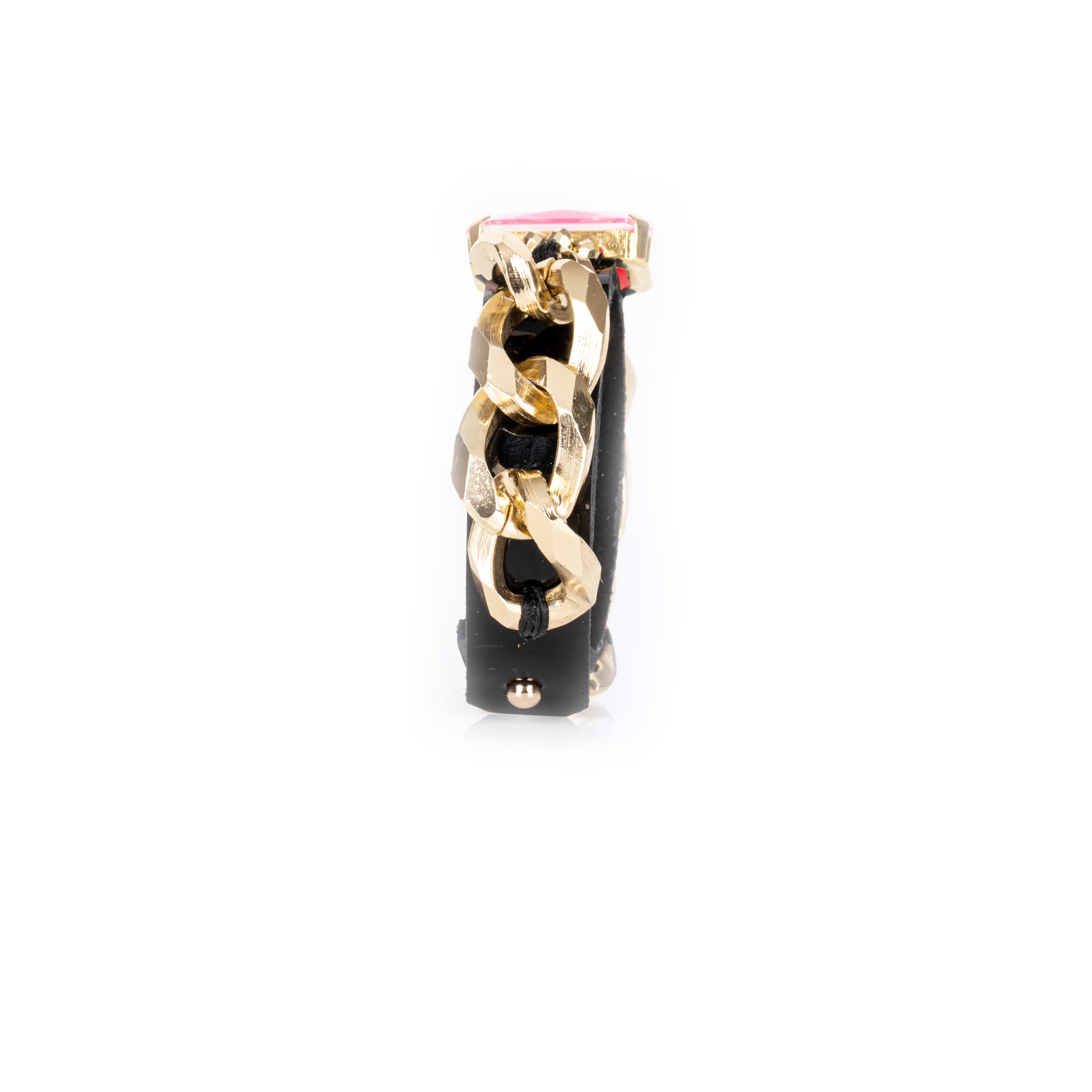 Black leather cuff bracelet with chunky gold chain and pink crystal, statement chain bracelet for women