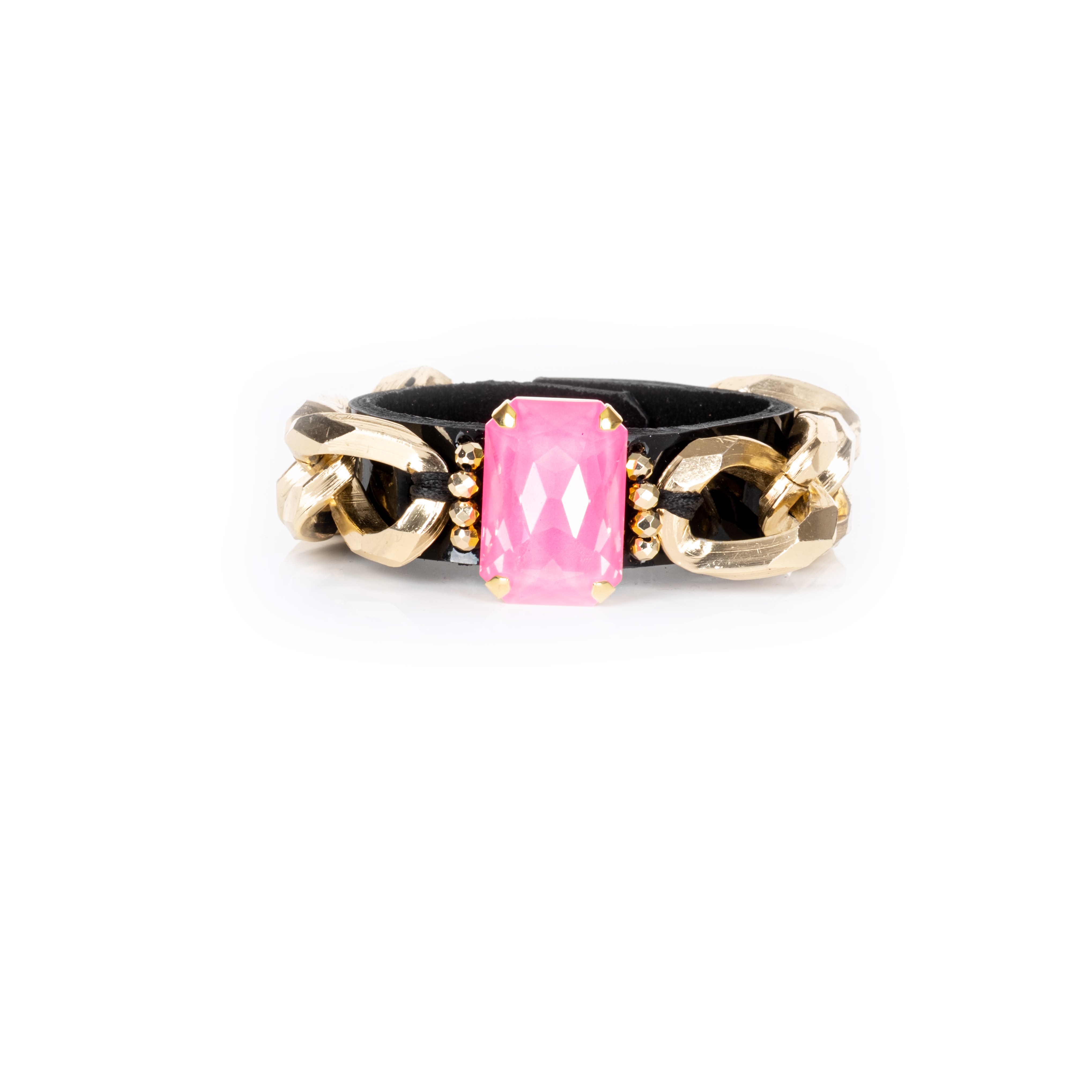Black leather cuff bracelet with chunky gold chain and pink crystal, statement chain bracelet for women