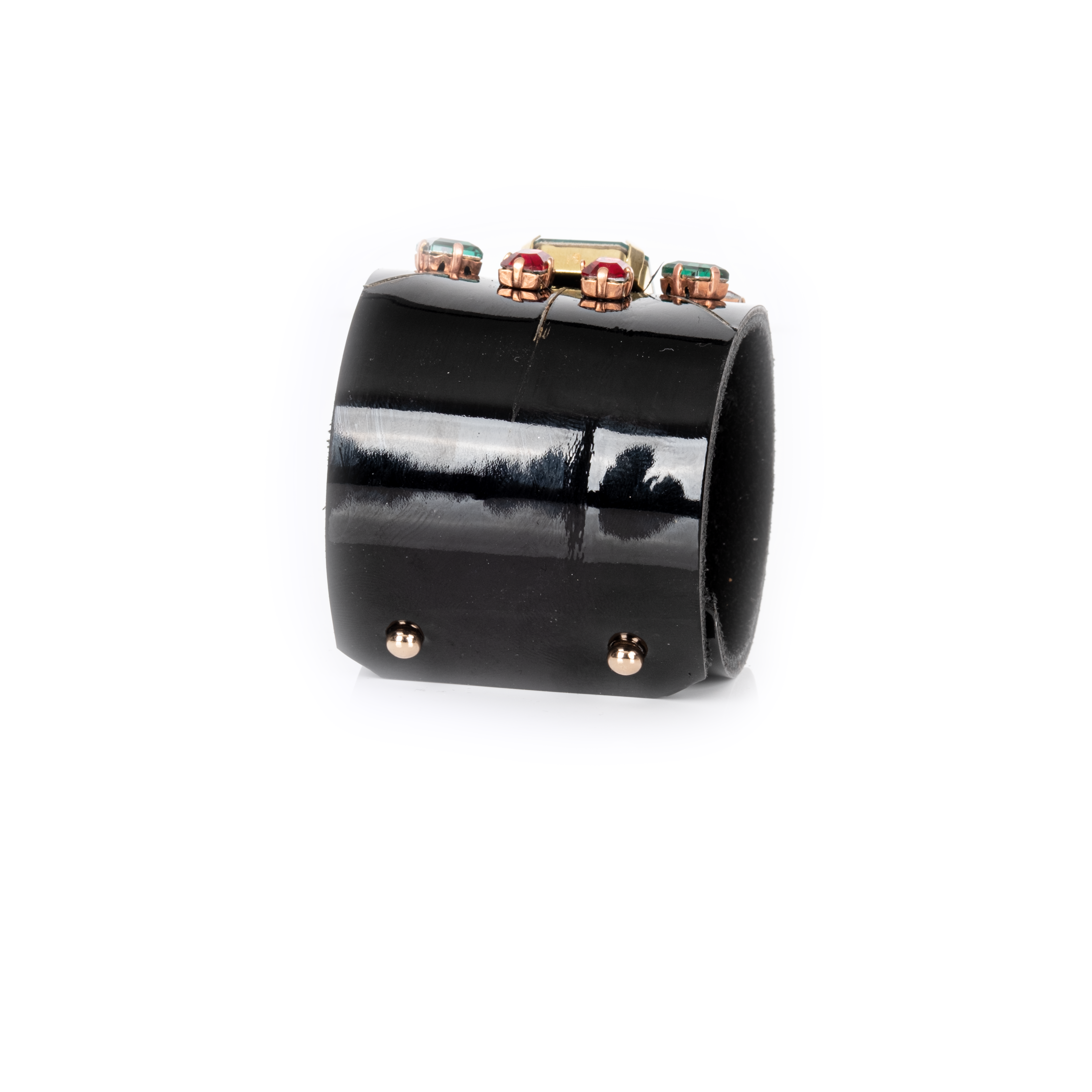 Black leather cuff bracelet with green center crystal and red gemstone accents, gold geometric statement bracelet for women
