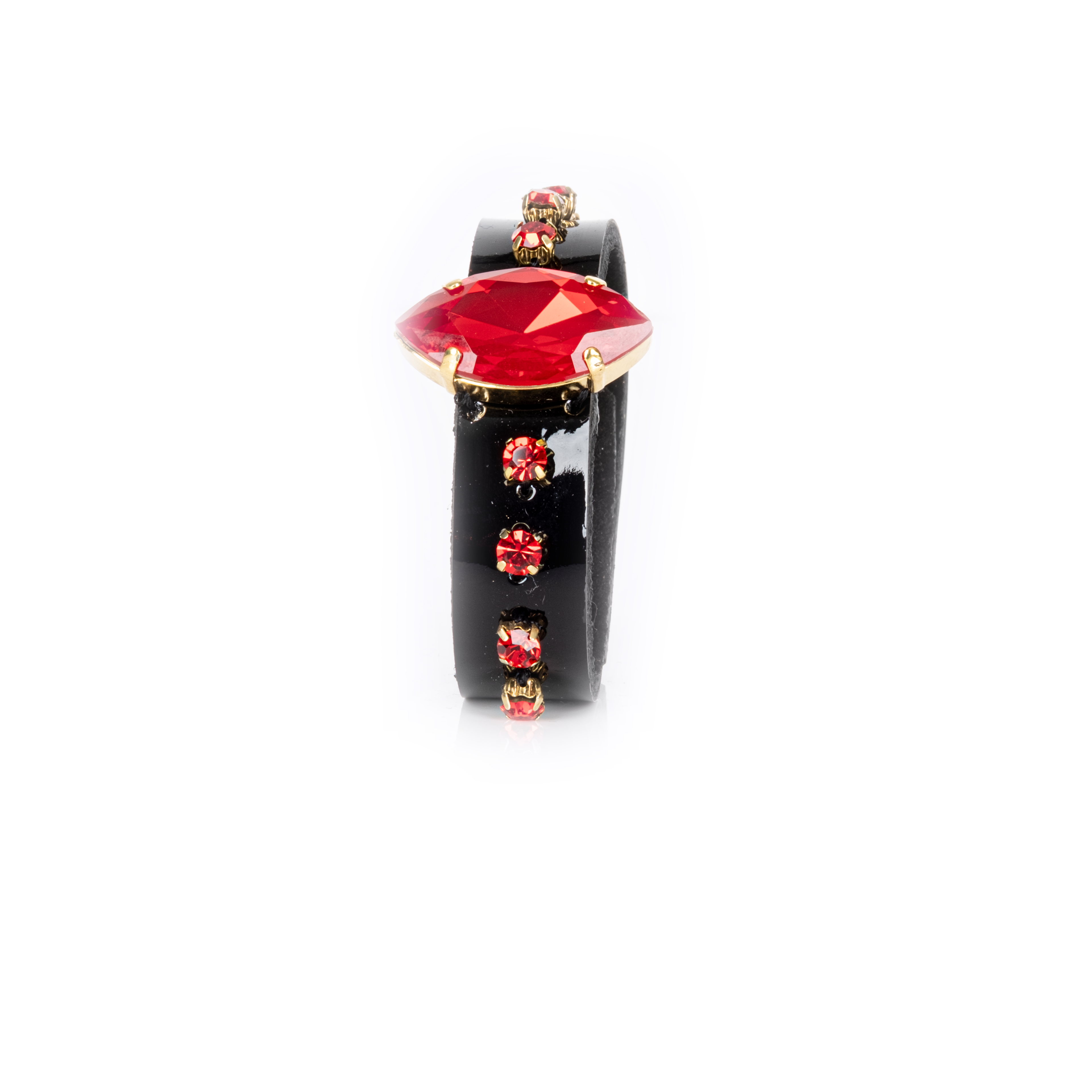 Black leather cuff bracelet with large red crystal and small red gemstone accents, gold setting statement bracelet for women
