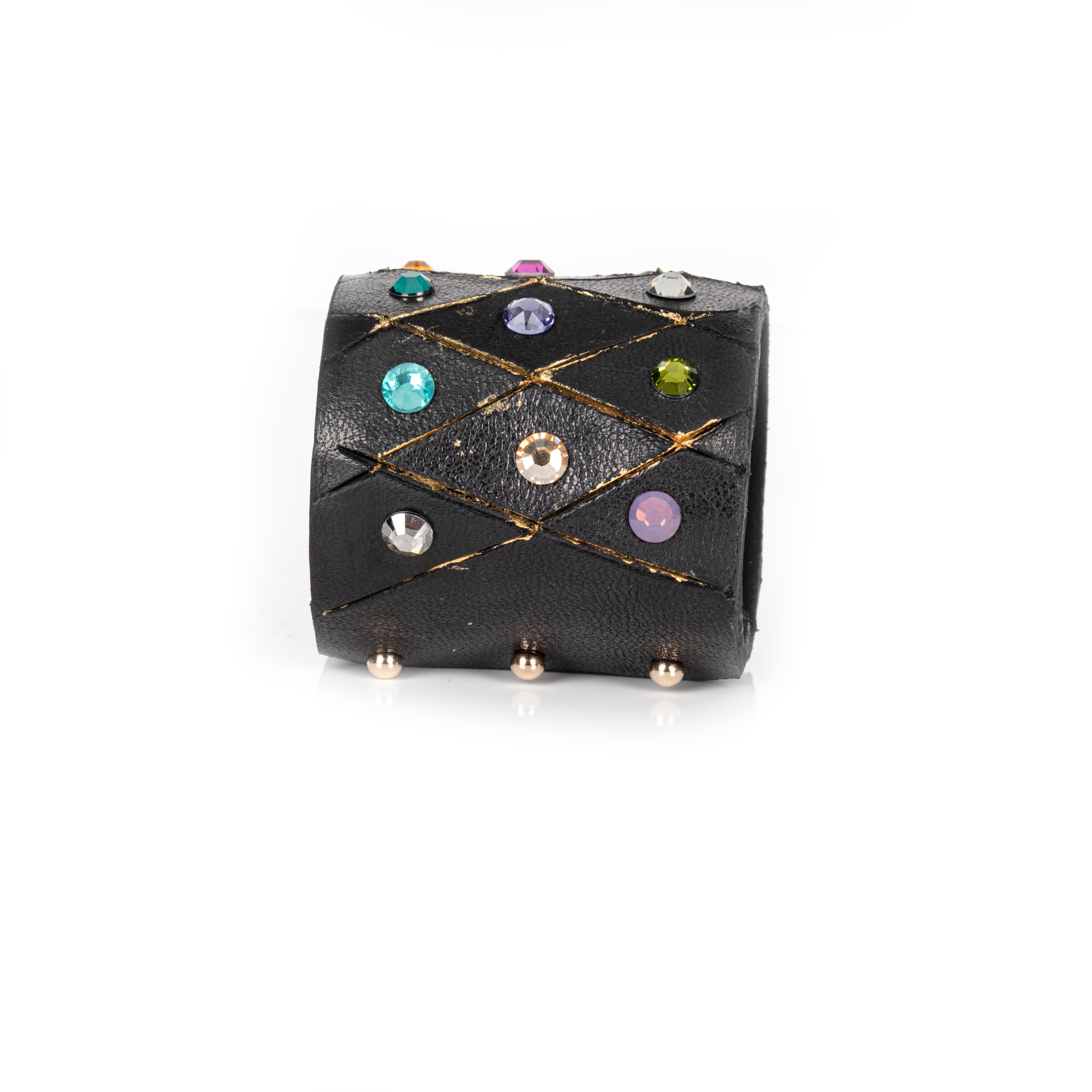 Black leather cuff bracelet with multicolor crystals and geometric stitched pattern, wide statement bracelet for women
