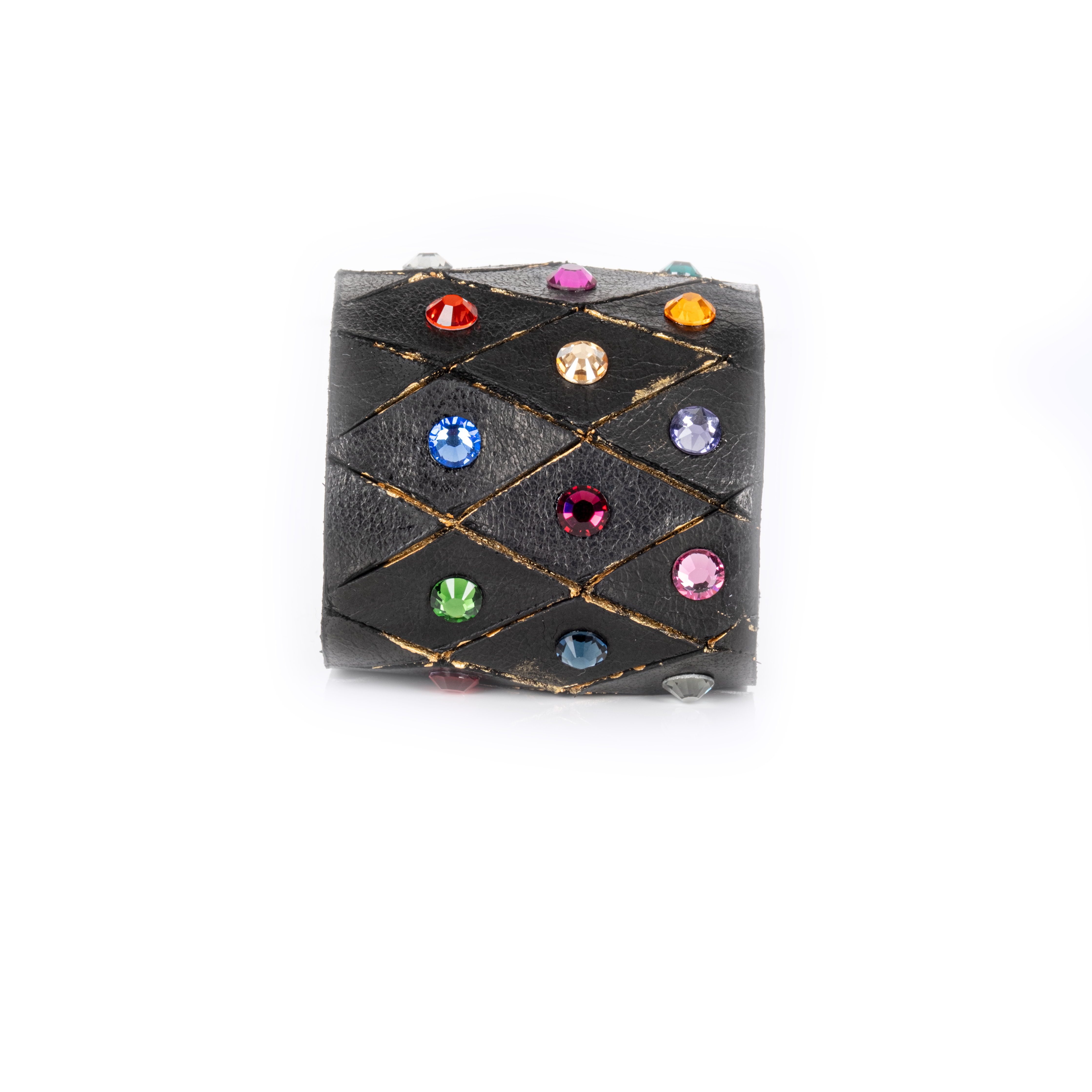 Black leather cuff bracelet with multicolor crystals and geometric stitched pattern, wide statement bracelet for women
