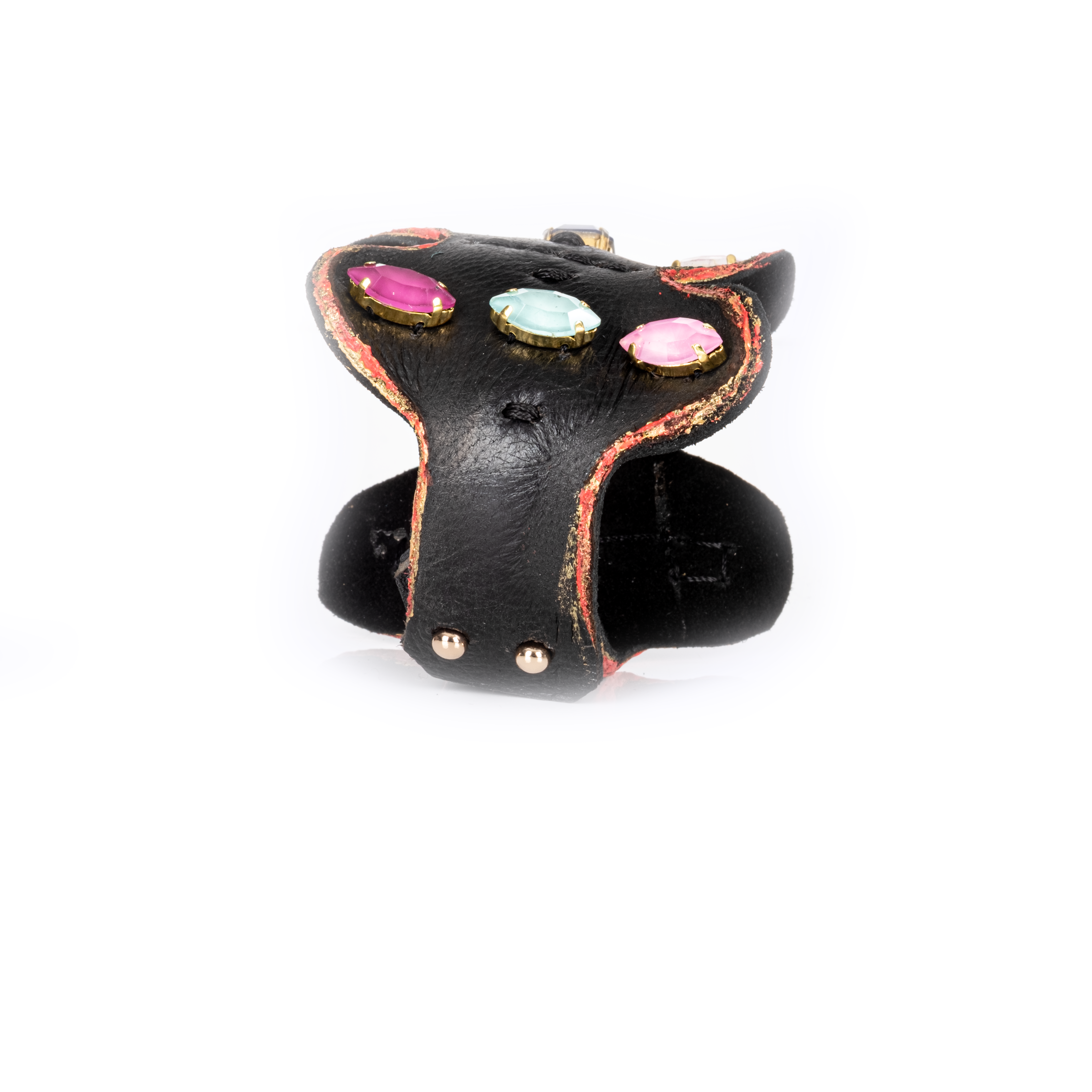 Black leather butterfly cuff bracelet with multicolor crystals and pink accents, sculptural statement bracelet for women