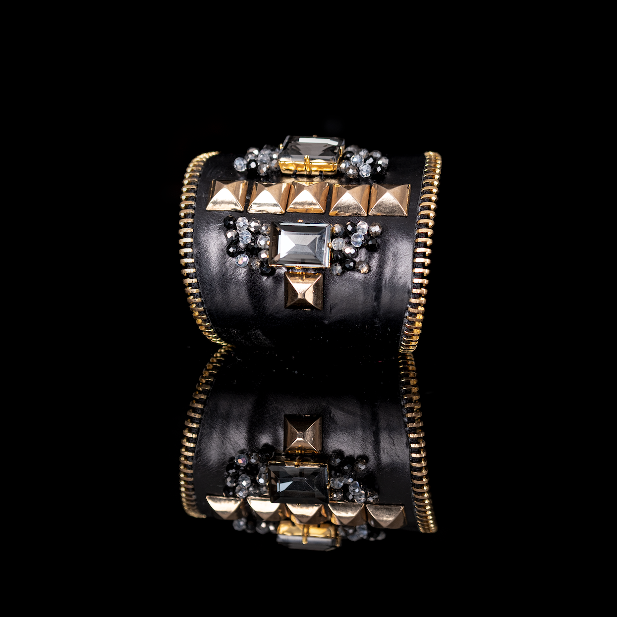 Black Leather Studded Cuff with Crystals & Gold Zipper Edge