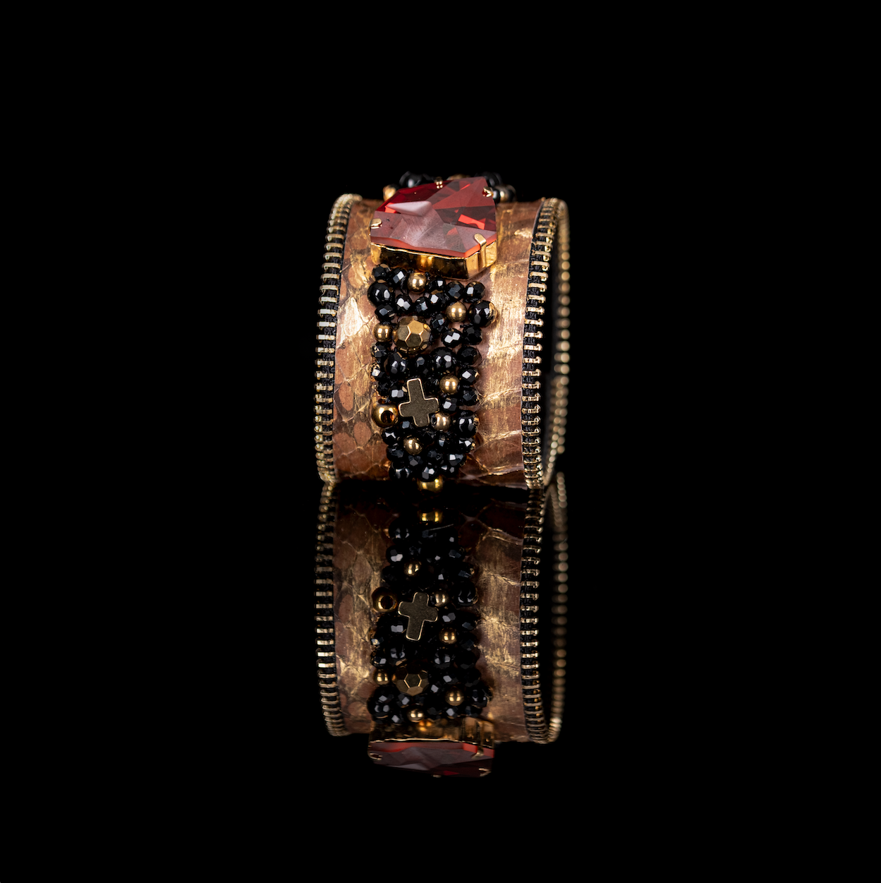 Women’s Statement Gold & Black Beaded Leather Cuff Bracelet