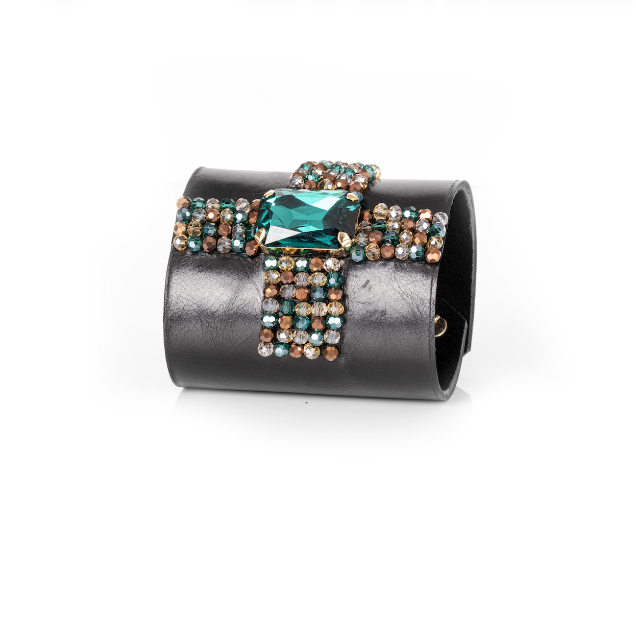 Emerald Crystal Leather Cuff Bracelet Bronze & Teal Beaded