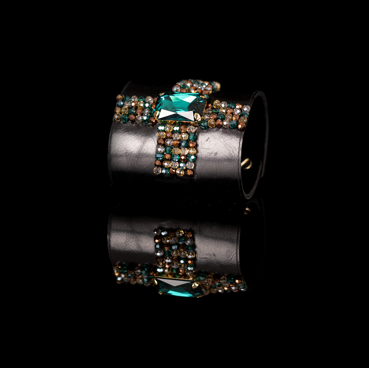 Emerald Crystal Leather Cuff Bracelet Bronze & Teal Beaded