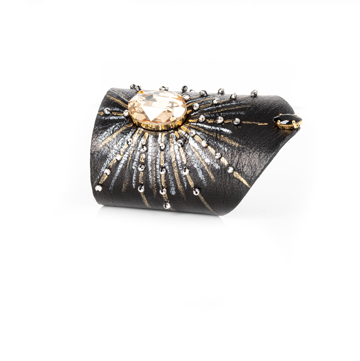 Black leather cuff bracelet with large champagne crystal center and radiating crystal accents, handmade statement bracelet by THE DARK