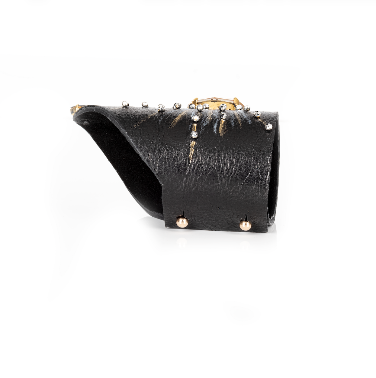 Black leather cuff bracelet with large champagne crystal center and radiating crystal accents, handmade statement bracelet by THE DARK