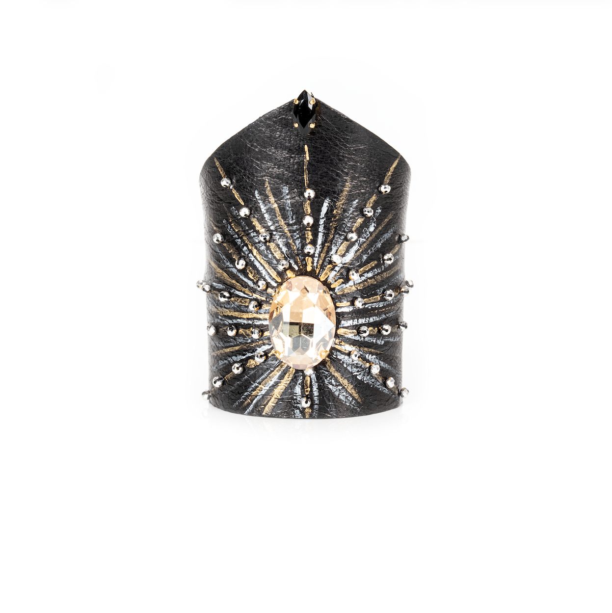 Black leather cuff bracelet with large champagne crystal center and radiating crystal accents, handmade statement bracelet by THE DARK