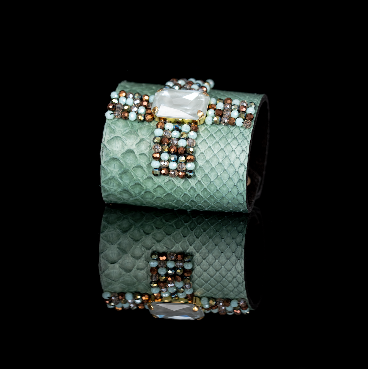 Mint green python leather cuff bracelet with white stone and crystal bead detailing