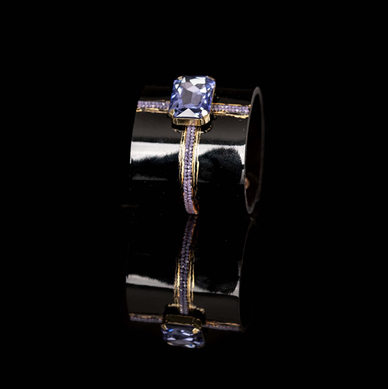 Black Leather Crystal Cuff Bracelet with Blue Stone
