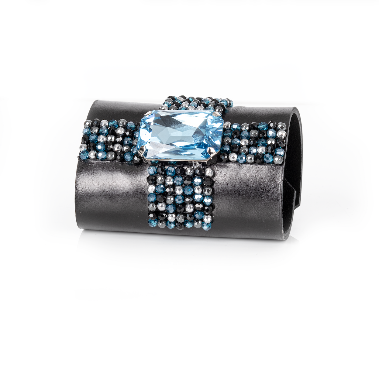 Black Leather Crystal Cuff Bracelet Ice Blue Cross Stone