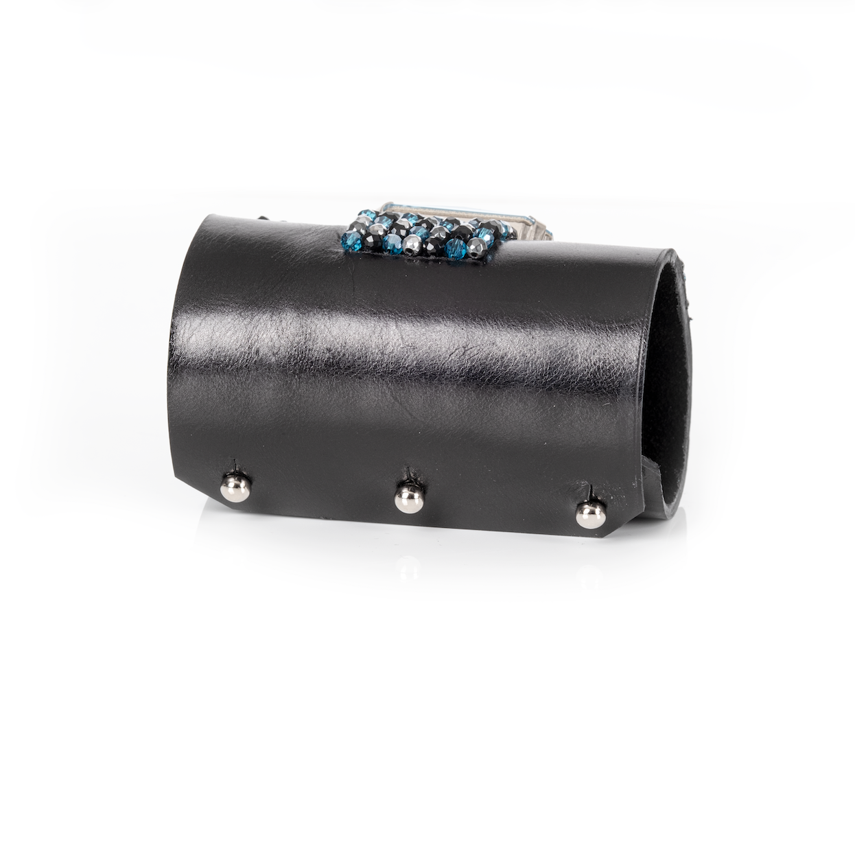 Black Leather Crystal Cuff Bracelet Ice Blue Cross Stone