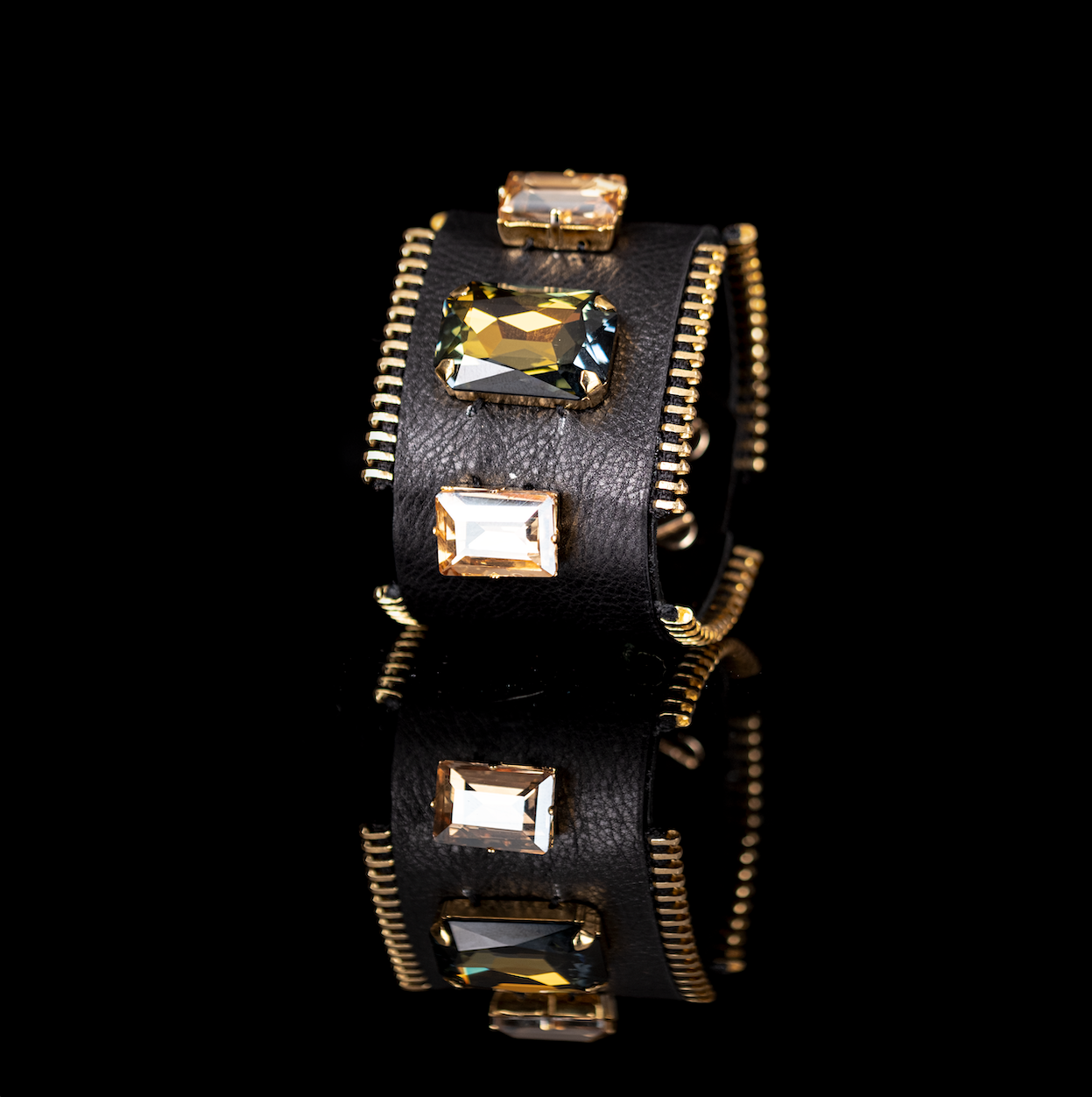 Black Leather Triple Crystal Statement Cuff Gold Zipper