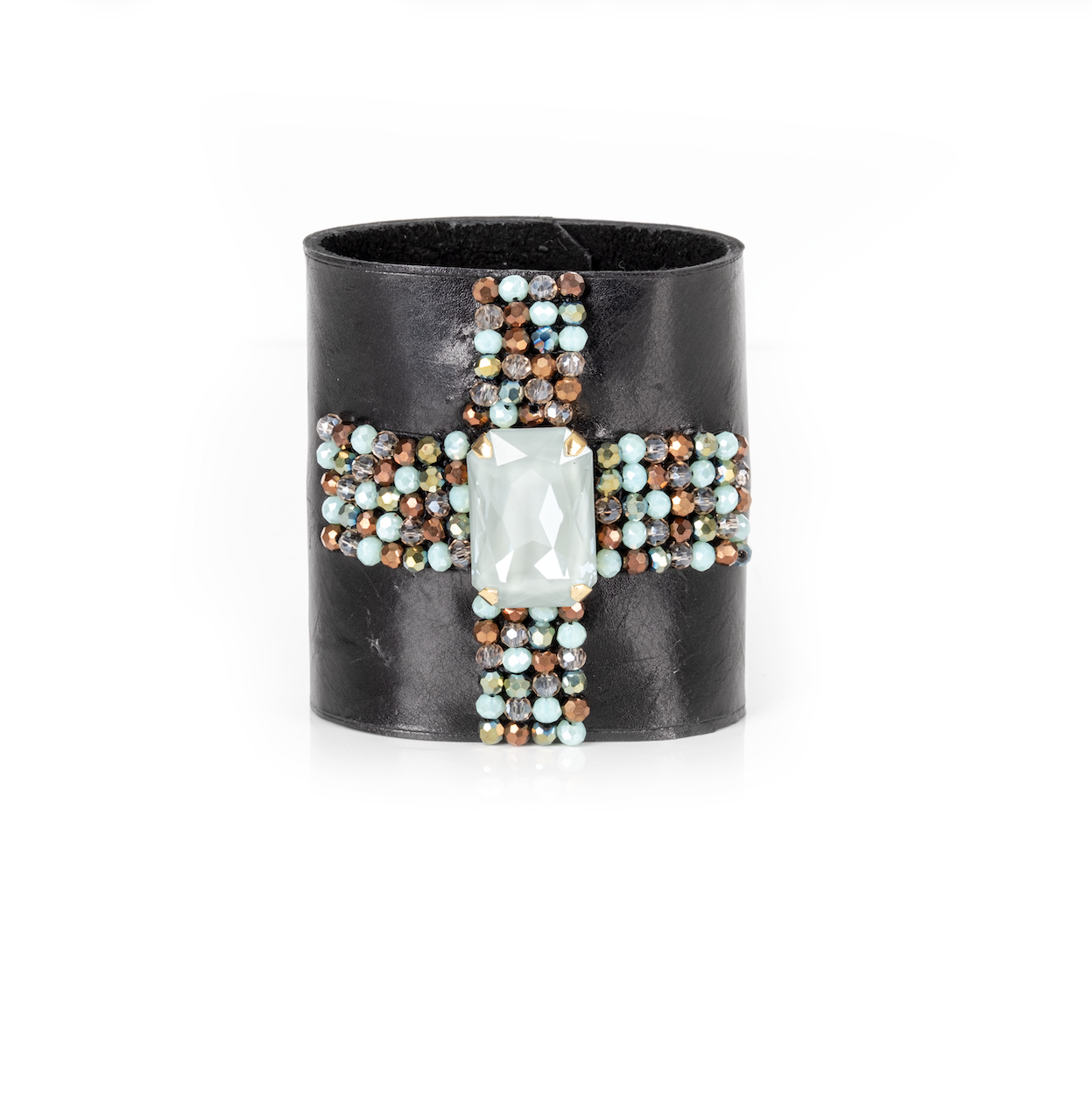 Ice Mint Crystal Leather Cuff Bracelet Beaded Cross