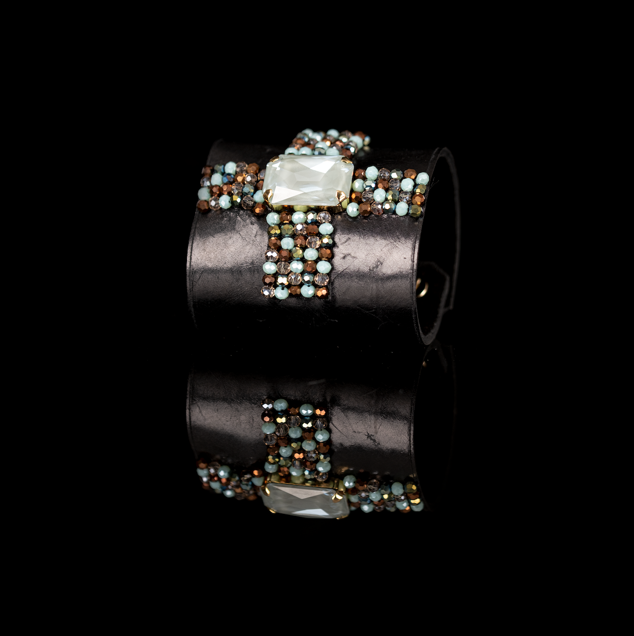 Ice Mint Crystal Leather Cuff Bracelet Beaded Cross