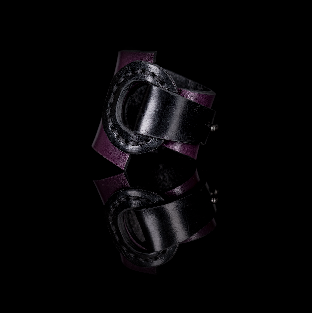 Black & Deep Plum Leather Wrap Bracelet Sculpted Ring
