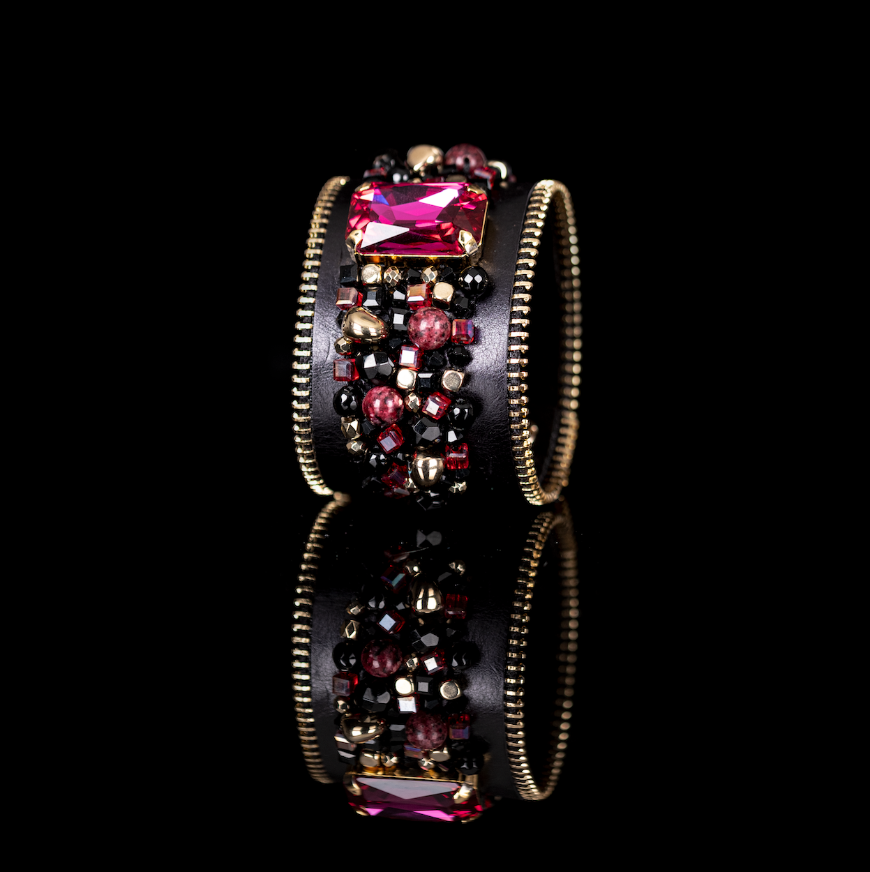 Black Leather Crystal Statement Cuff Ruby Glass & Gold Zip