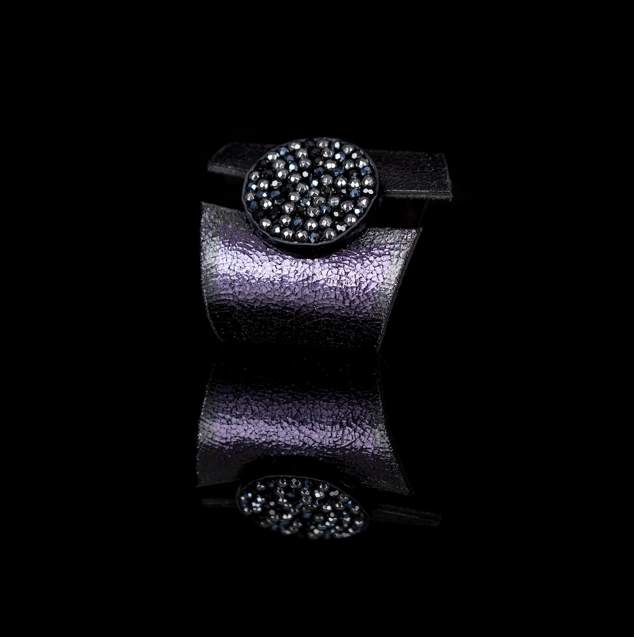 Purple metallic leather cuff bracelet with black crystal stud circle centerpiece, handmade statement bracelet by THE DARK