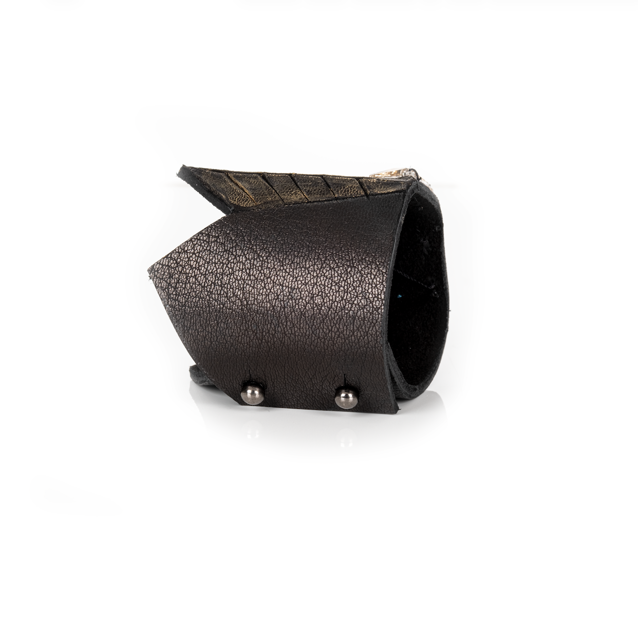 Black and gold leather cuff bracelet with geometric crystal accents and sculpted layered design