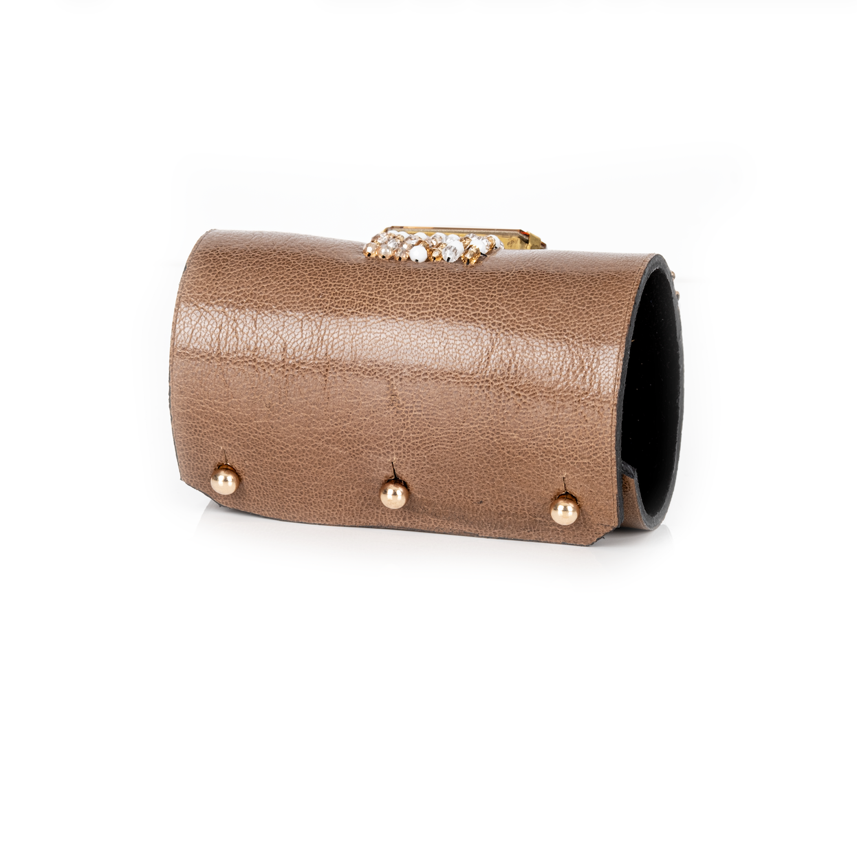 Taupe leather cuff bracelet with champagne crystal centerpiece and white beaded grid detail