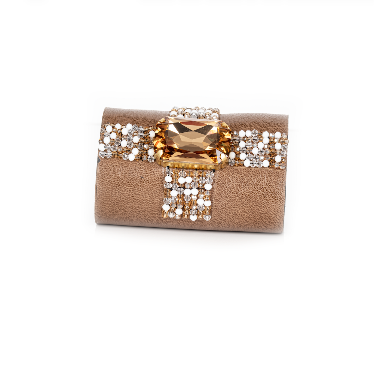 Taupe leather cuff bracelet with champagne crystal centerpiece and white beaded grid detail