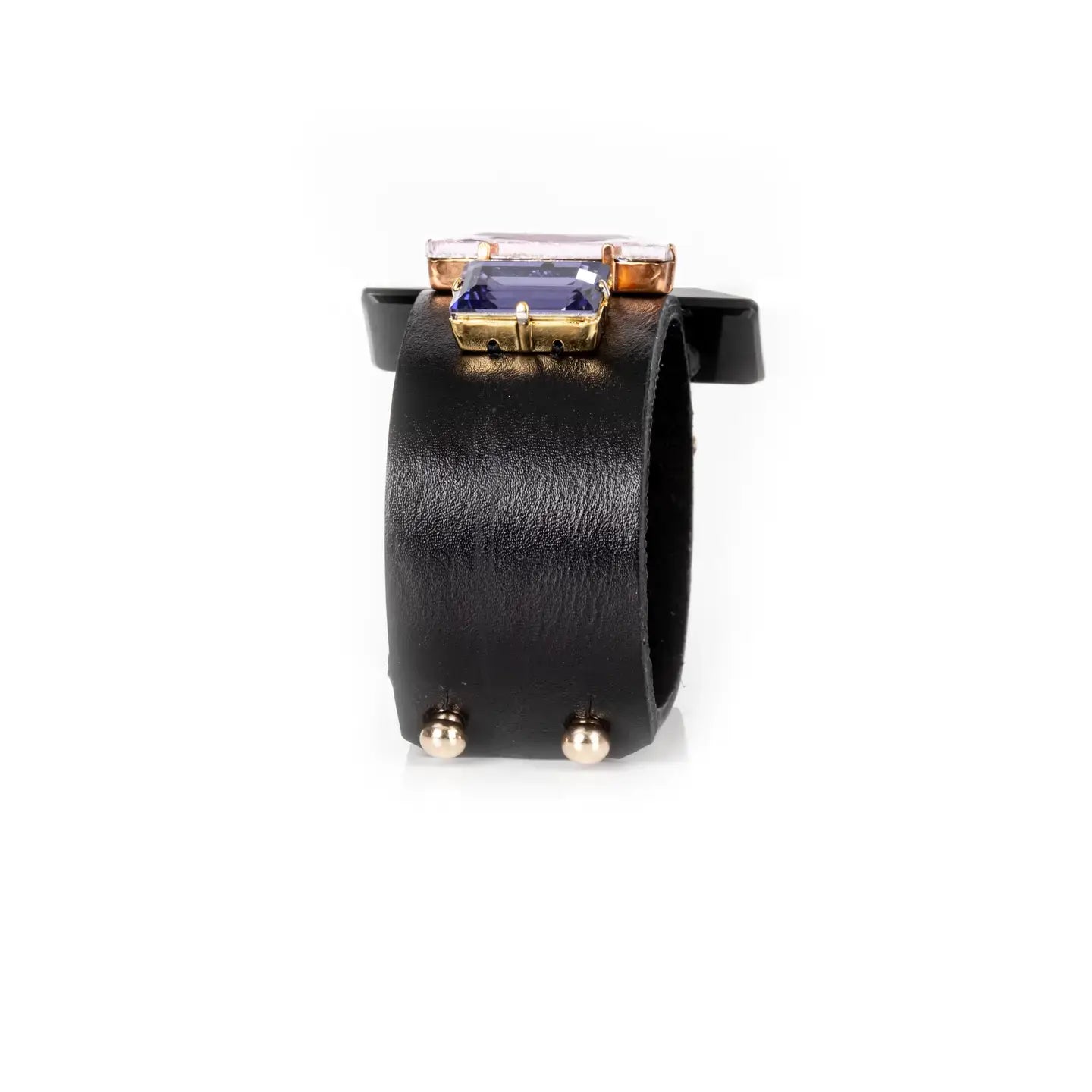 Black Leather Cuff with Blush & Sapphire Crystals