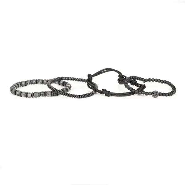 Black & Gray Layered Men’s Bracelet Set Matte Beads Rope Wrap & Stone Stack