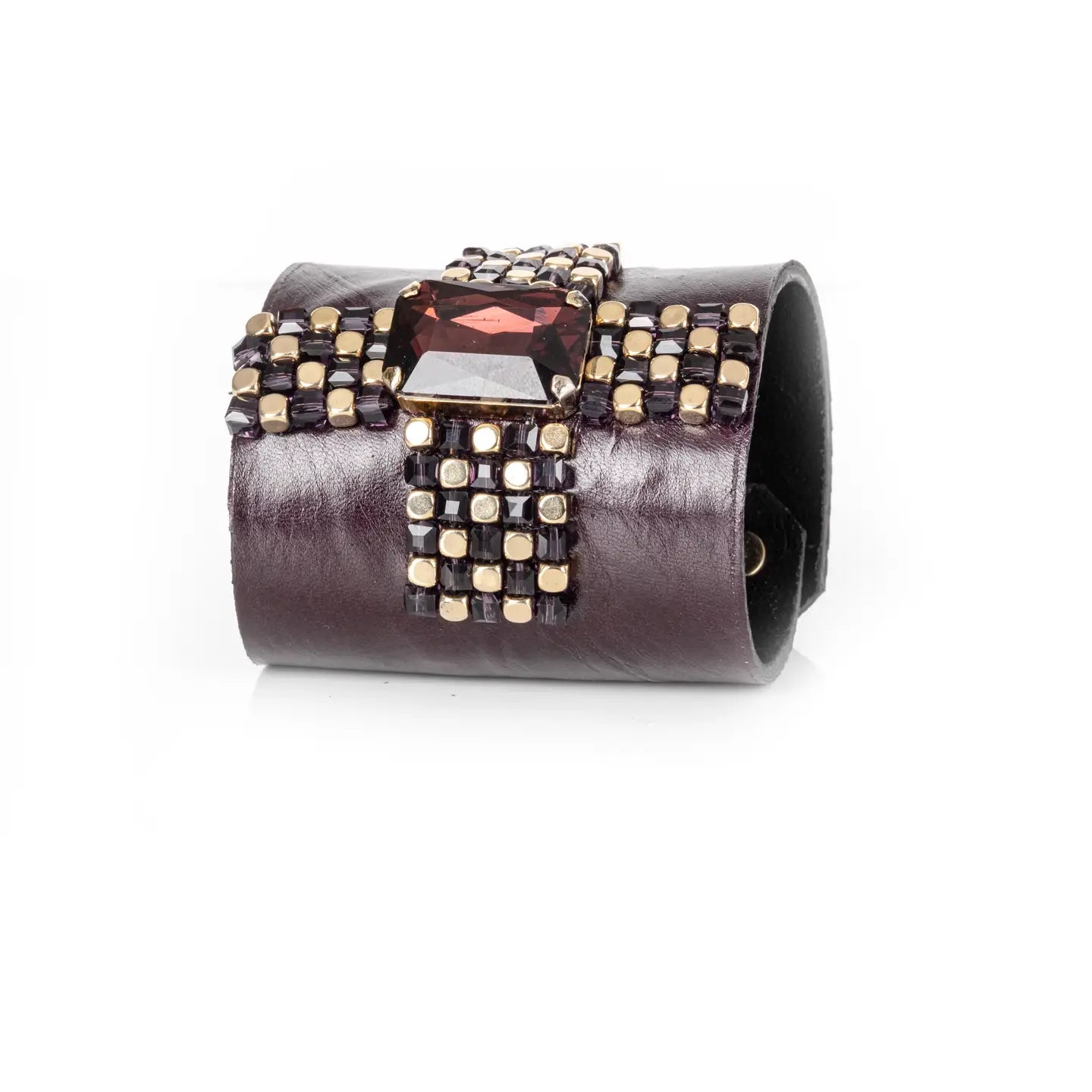 Garnet Crystal Leather Cuff Bracelet Plum & Gold Beaded