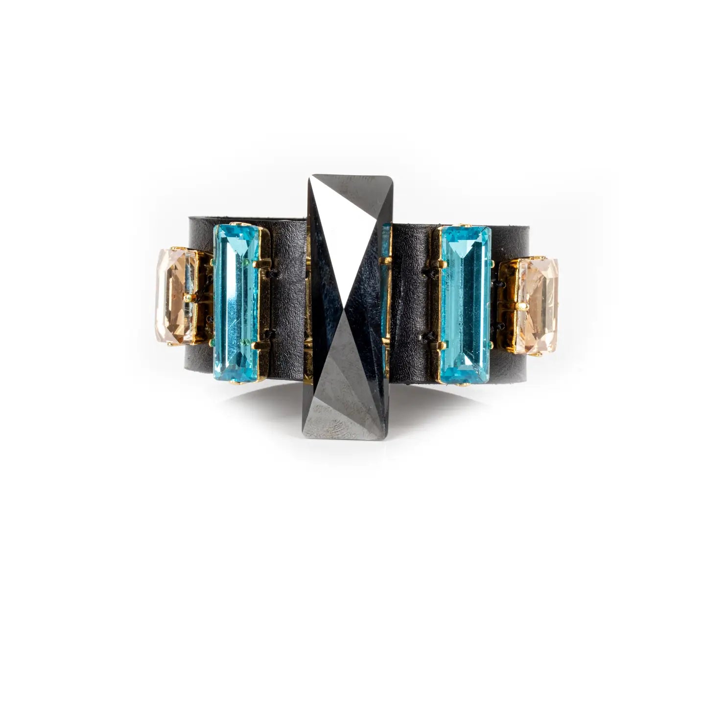 Black Leather Cuff with Blue & Champagne Crystals