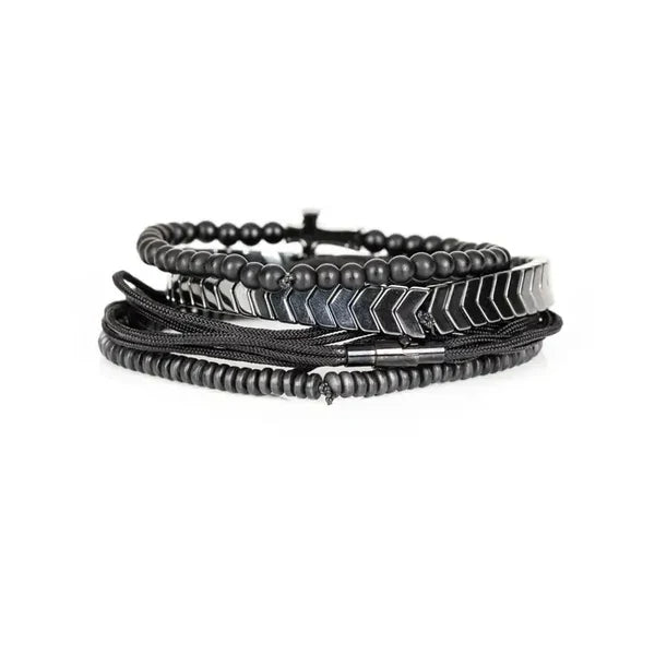 Black & Silver Cross Men’s Bracelet Set Chevron Bar Matte Beads & Rope Wrap Stack