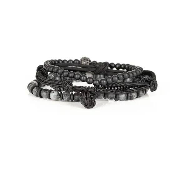 Black & Gray Layered Men’s Bracelet Set Matte Beads Rope Wrap & Stone Stack