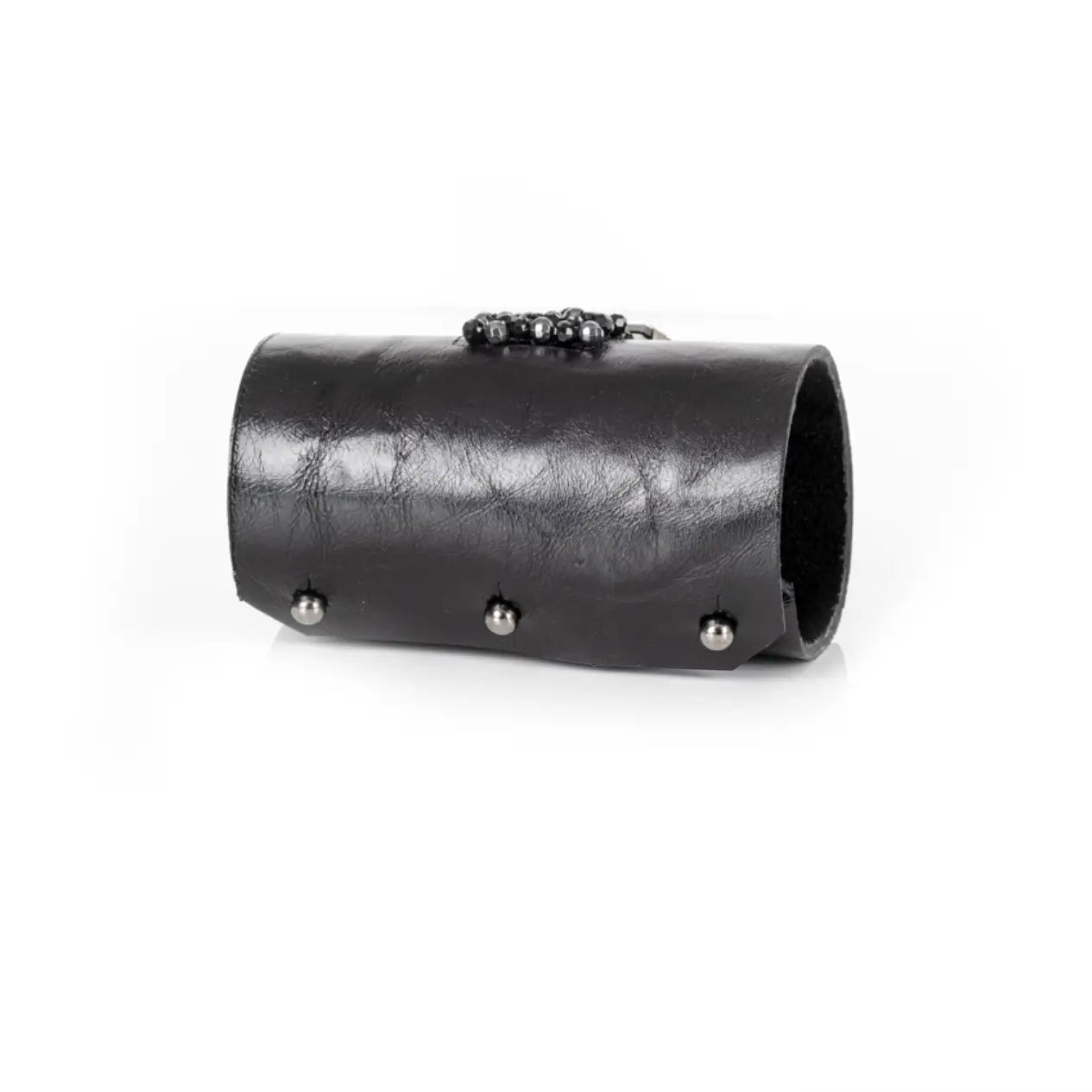 Black Leather Crystal Cuff Bracelet Gunmetal Cross Stone