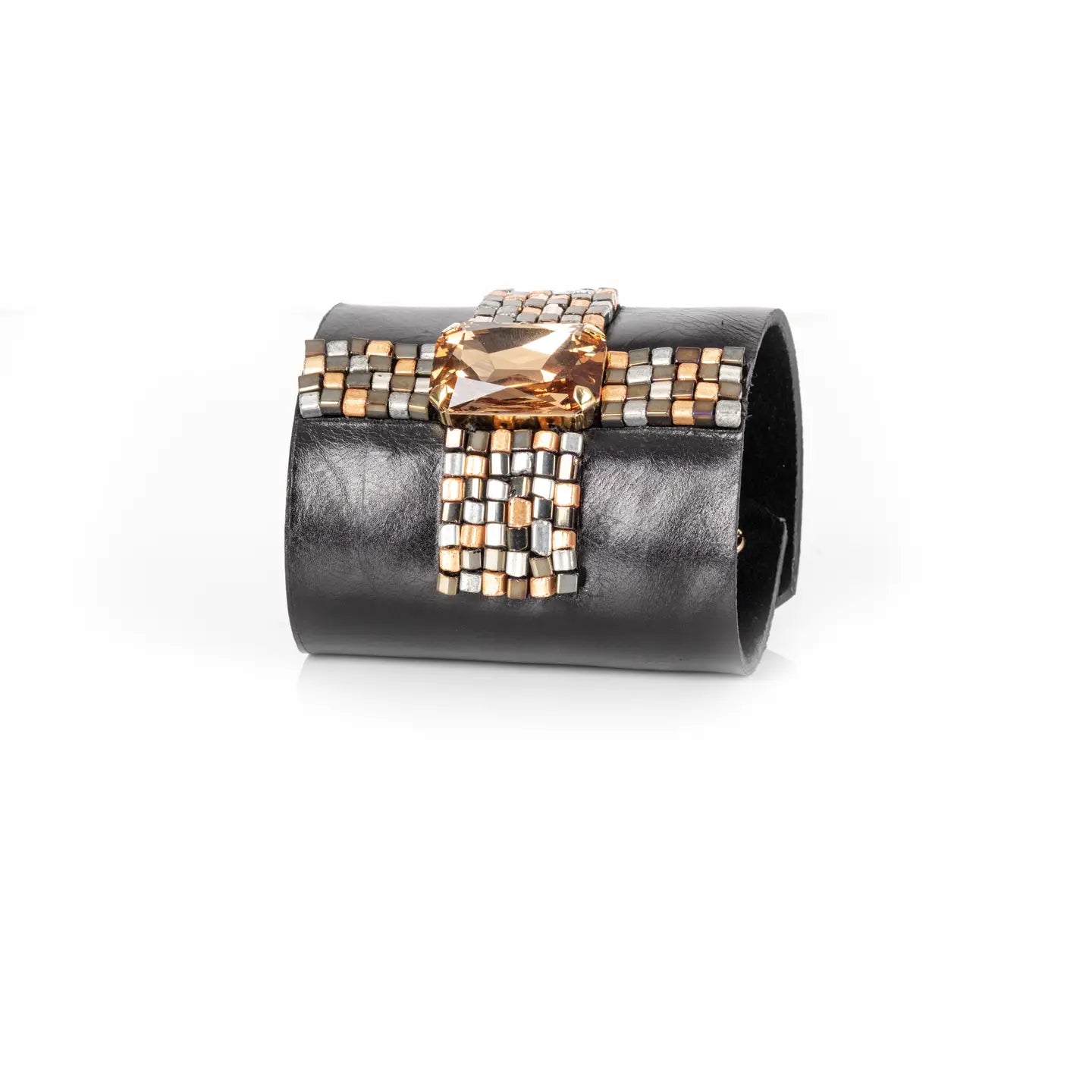 Champagne Crystal Leather Cuff Bracelet Bronze & Silver