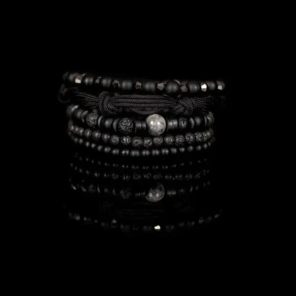 Black Lava Stone Men’s Bracelet Set Matte Beads Rope Wrap & Layered Stack