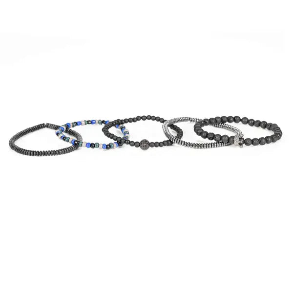 Black Multi Layer Bracelet with Crown Accent Lava Stone Hematite & Blue Beaded Stack