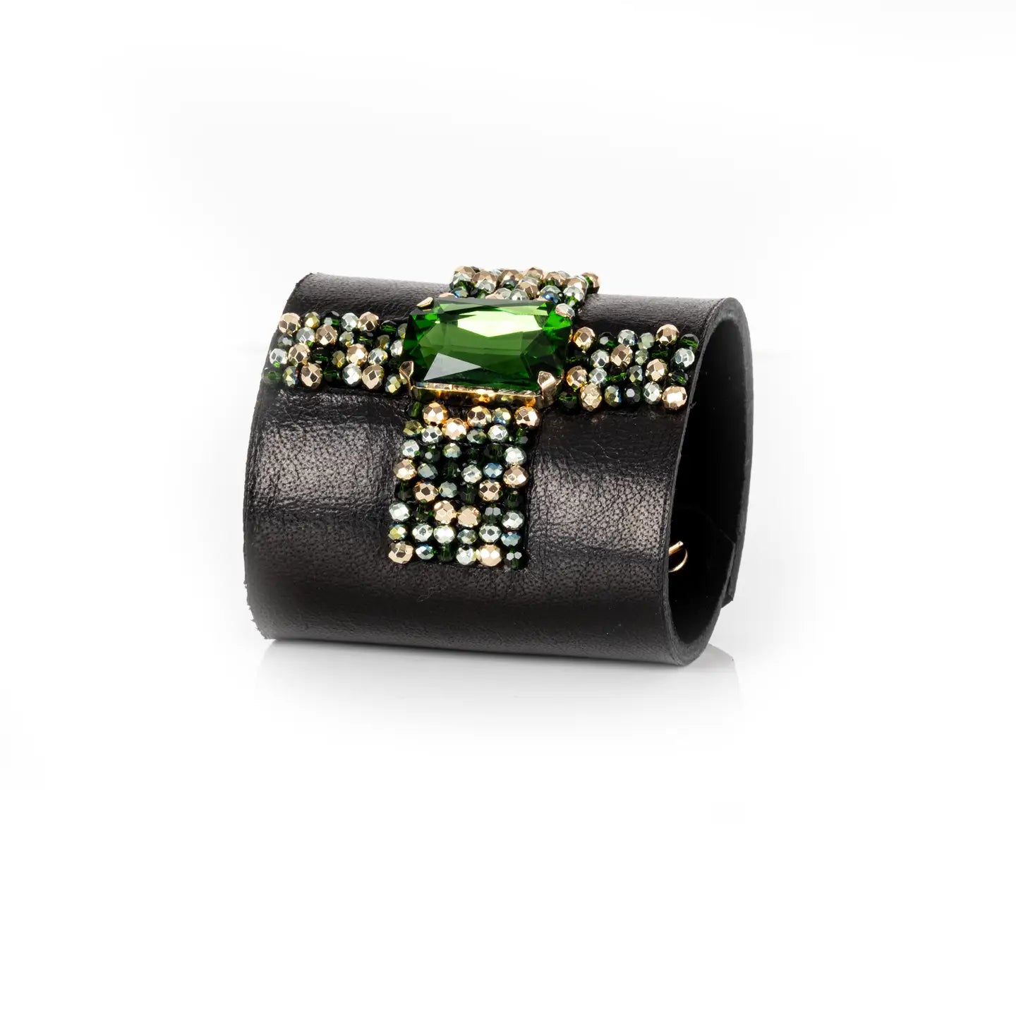 Crystal Ribbon Leather Cuff Bracelet Black & Emerald Spark